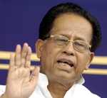Chief Minister of the Indian state of Assam Tarun Gogoi gestures as he addresses media representatives at a press conference in New Delhi, 02 August 2005. India's Supreme Court made a ruling 12 July 2005, that will make it easier for the northeastern state of Assam to deport Bangladeshis living illegally in the frontier region.Some militant organisations have taken up arms against the Muslim settlers, who they say have changed the demography of tribal-majority Assam and the adjoining state of Tripura. Bangladesh shares a porous 4,000-kilometre (2,480-mile) border with India's oil and timber-rich state of Assam. The influx of refugees into Assam began even before the creation of Bangladesh from the eastern rump of Pakistan following the second war between South Asian rivals India and Pakistan in 1971. AFP PHOTO/Manan VATSYAYANA